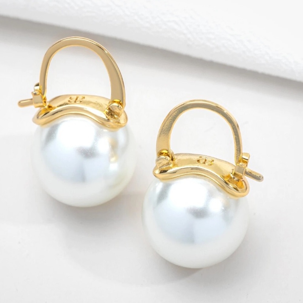 Gold White Pearl Drop Earrings Blanche Huggie Hoop Earrings Alicia Bonnie